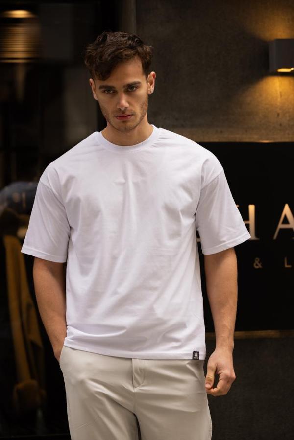 GRAVEL Oversize Bisiklet Yaka Pamuklu T-shirt - Beyaz - Image 1
