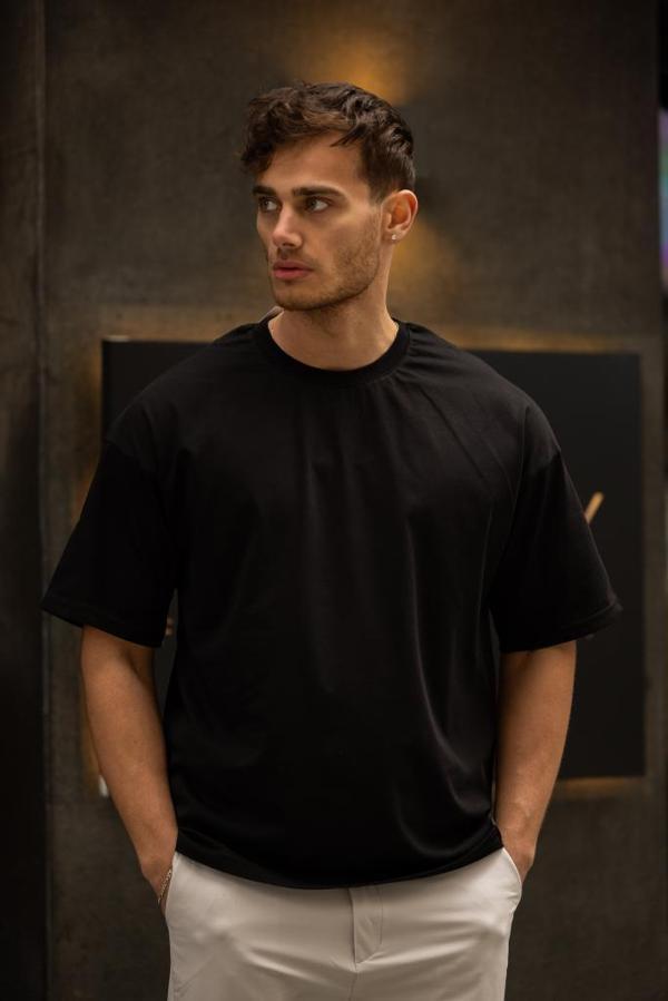 GRAVEL Oversize Bisiklet Yaka Pamuklu T-shirt - Siyah - Image 1