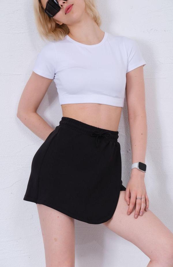 Modal Karışımlı Çift Görünümlü Şort Etek – Beli Lastikli ve Bağcıklı, Örme Kadın Skort @Treviso - Image 1