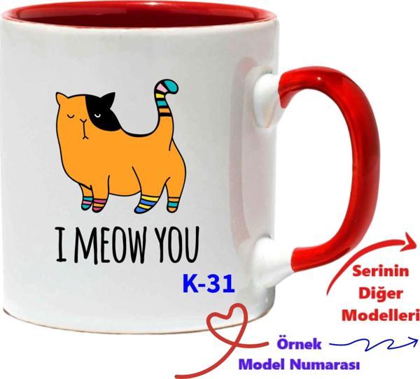 Kedili Tasarım Kupalar, Hediyelik Kupa, Kırmızı Kupa, Sevgiliye Kedili Kupa K Serisi (100 Model) - Image 1