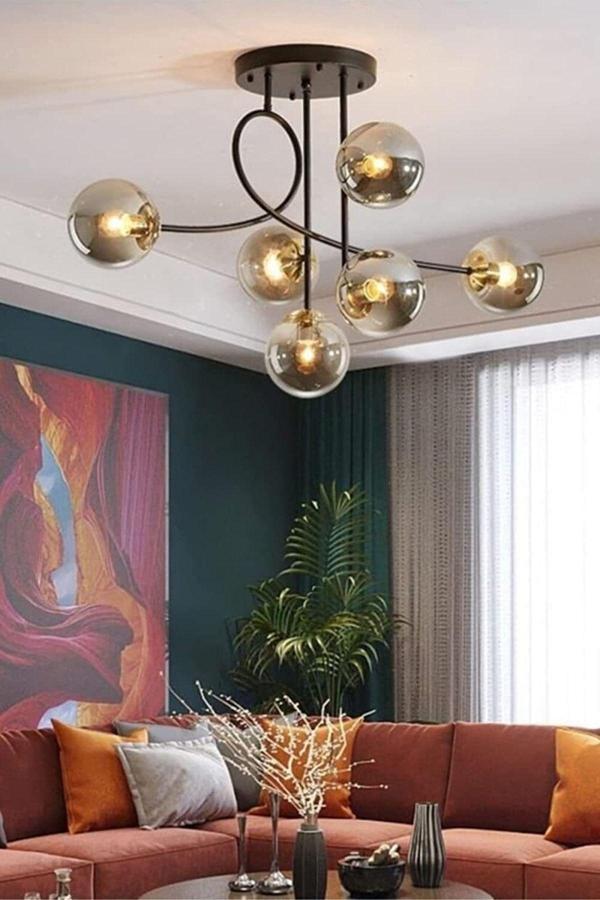 Jade 6 Lı Özel Tasarım Salon - Mutfak - Yatak Odası Modern Füme Glop Camlı Siyah Avize - Image 1