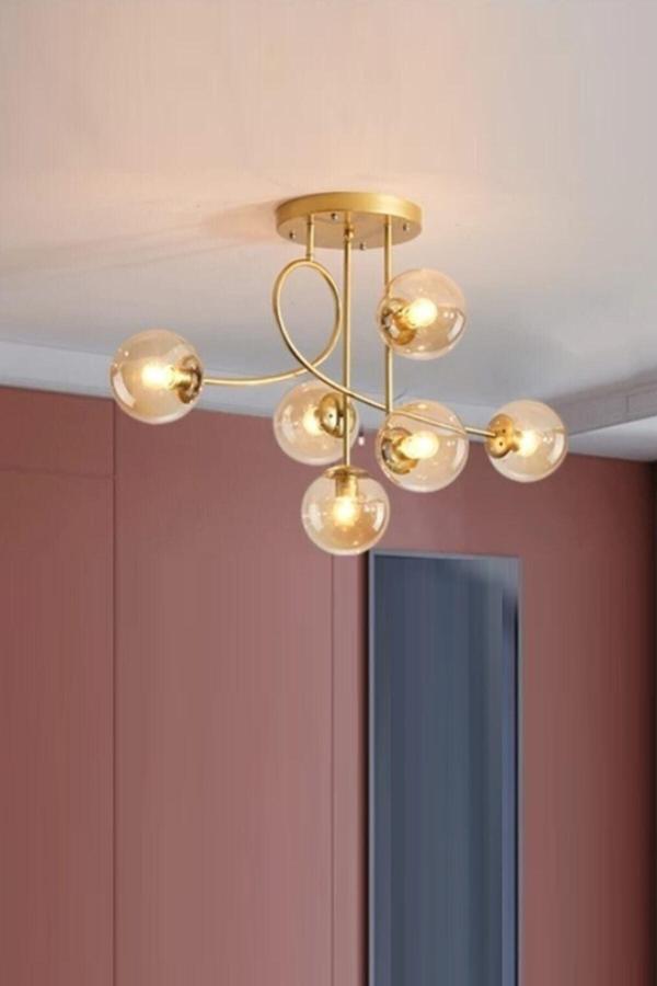 Jade 6'lı Salon - Mutfak - Yatak Odası Özel Tasarım Modern Gold Renkli Bal Glop Camlı Avize - Image 1