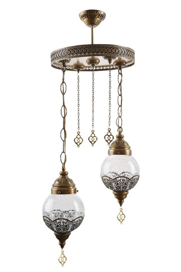 Dilan Salon - Mutfak - Yatak Odası Eskitme Retro 2 Li Camlı Metal Sarkıt Avize - Image 1