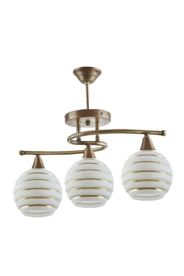 Eskitme Plofonyer Rustik Modern Gold Detaylı Camlı 3lü Avize - Image 1