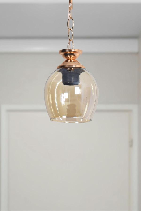 Zincir Modern Tasarım Hol Mutfak Antre Çocuk Odası Altın - Gold Renk Bal Camlı Tekli Avize - Image 1