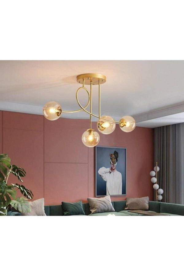 Jade Özel Tasarım Salon - Mutfak - Yatak Odası Bal Glop Camlı 4 Lü Gold Eskitme Avize - Image 1