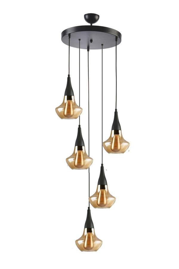 Fora Modern Tasarım Salon - Mutfak - Yatak Odası Siyah Renk Sarkıt Bal Camlı 5 Li Avize - Image 1