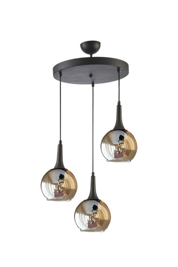 Fred Modern Dekoratif Salon - Mutfak - Yatak Odası Siyah Renk Bal Camlı 3 Lü Avize - Image 1