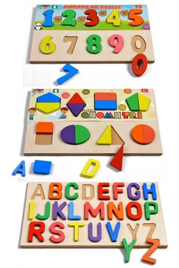 Türk Toys Ahşap Puzzle 3'Ü 1 Arada Alfabe-Geometri-Sayılar - Image 1