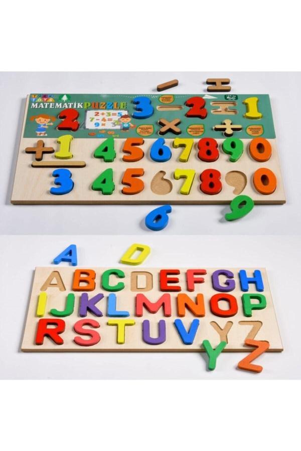 Türk Toys Eğitici Ikili Ahşap Matematik Ve Alfabe Yapboz Set - Image 1