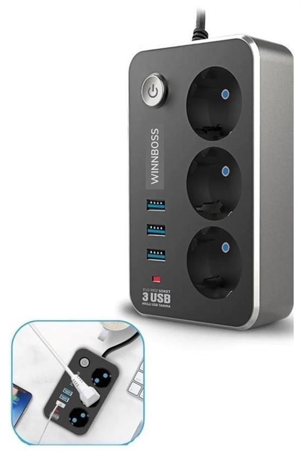 Büro Ev Ofis Yazlık için 2MT Uzatma Kablolu 2500W 10A 3PRİZ 3USB 2,1A Grup Priz - Image 1