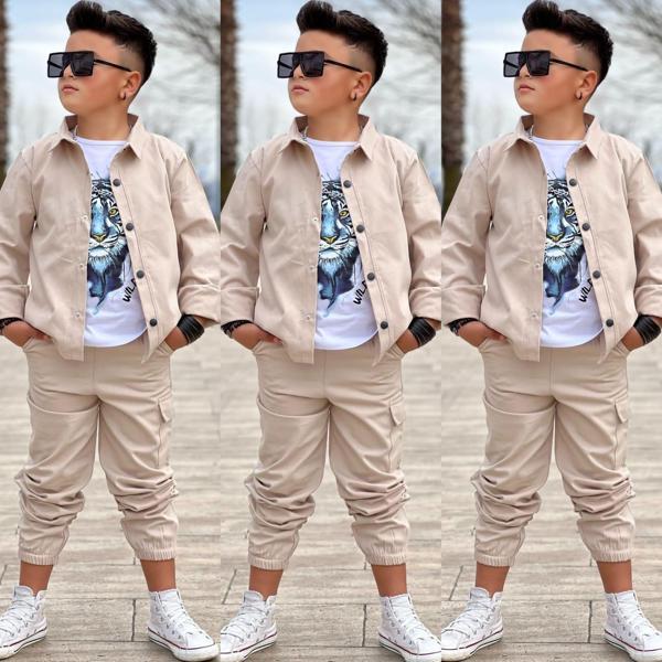 MODAVALS GABARDİN GÖMLEK KARGO CEP PANTOLON ve KAPLAN BASKILI TSHIRT 3 PARÇA ERKEK ÇOCUK TAKIM  - Image 1