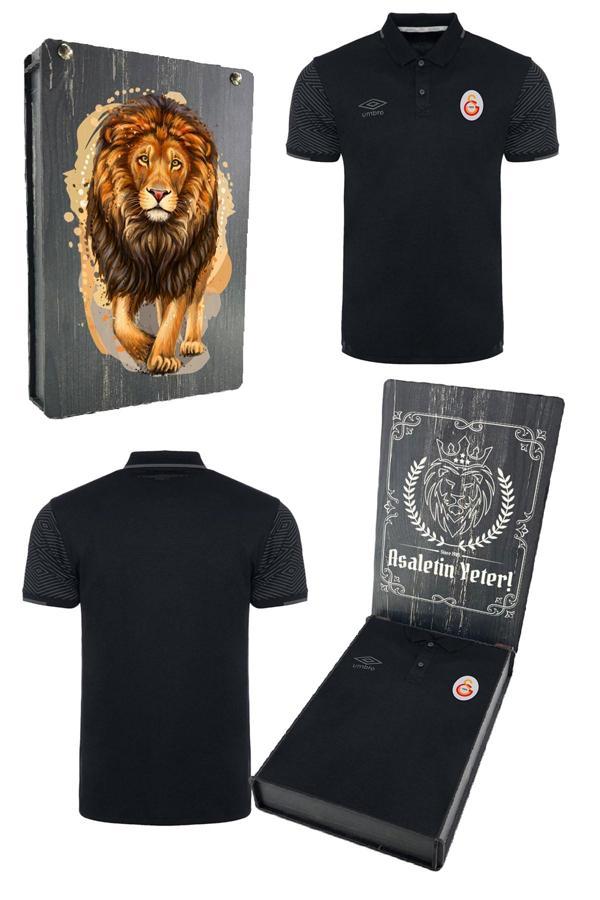 Galatasaray Orijinal Lisanslı Polo Yaka Siyah Spor T-Shirt Ahşap Kutulu - Image 1