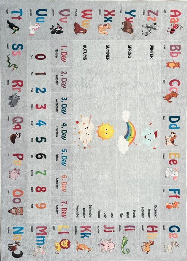 İngilizce Figürlü Eğitici oyun Halısı Çocuk Bebek Odası Gri Renkli Yıkanabilir Kaymaz Taban Halı - Image 1