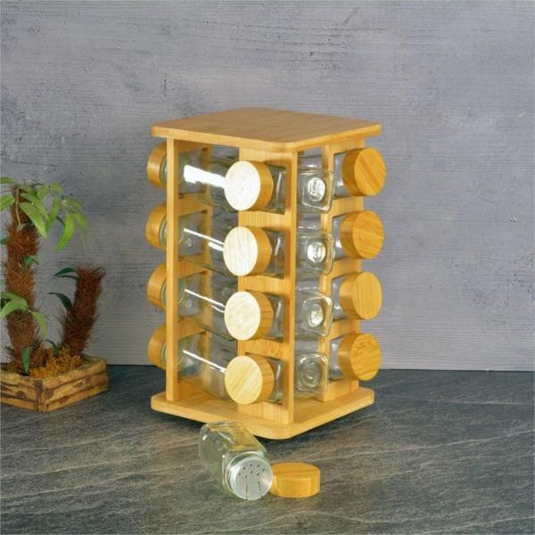 Bambu standlı basic cam tuzluk - 16 lı tuzluk biberlik baharatlık kare 125 ml. - Image 1