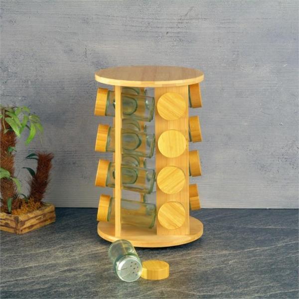 Bambu standlı basic cam tuzluk - 16 lı tuzluk biberlik baharatlık yuvarlak 125 ml. - Image 1