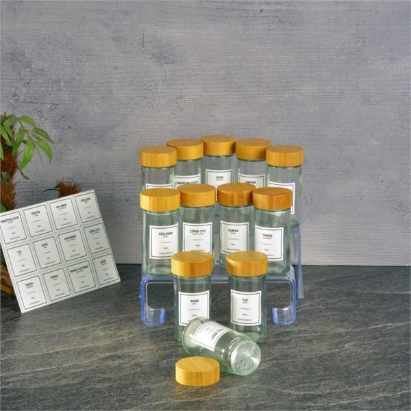 Basic cam tuzluk - 12 li tuzluk biberlik baharatlık bambu kapaklı 90 ml.etiketli - Image 1