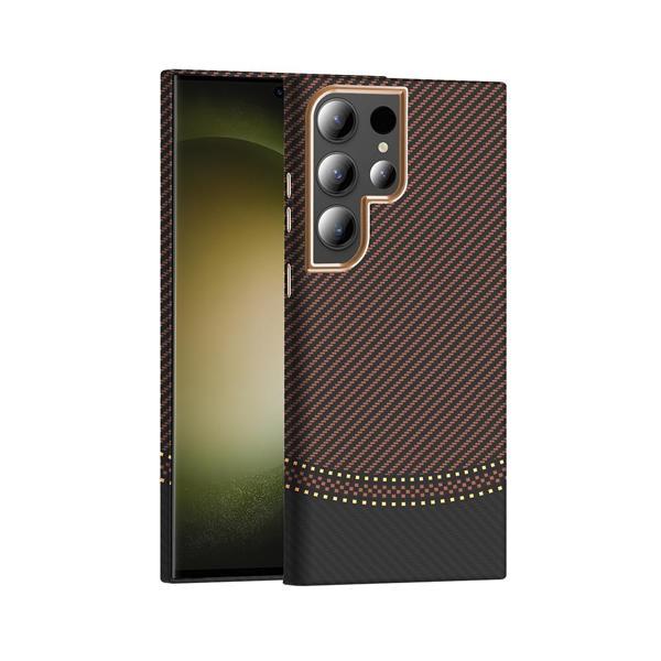 Galaxy S24 Ultra Kılıf M-safe Şarj Özellikli Karbon Fiber Görünümlü Gros Kılıf Gold-Siyah - Image 1