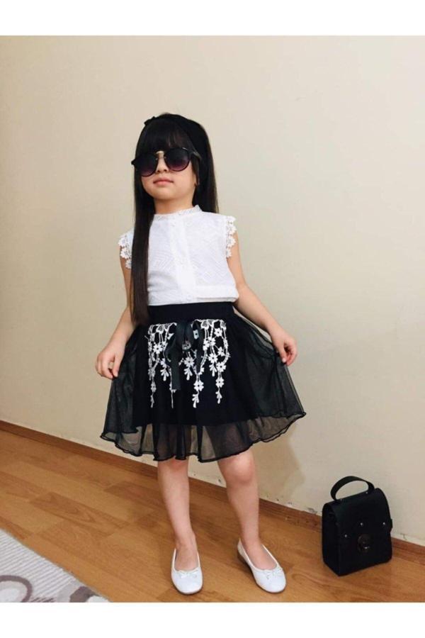 Bav Butik Ayvitrin Kız Çocuk Trend Takım Etek Siyah Ve Üst Krem - Image 1