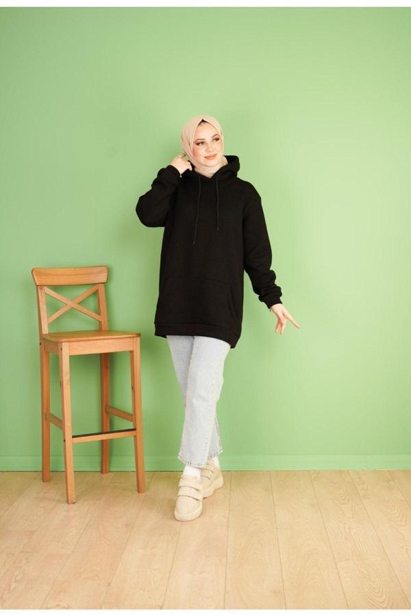 Bav Butik Ayvitrin Kadın Oversize Sweatshirt Kapşonlu 3 Iplik Siyah - Image 1