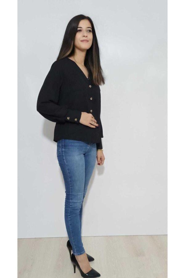 Bav Butik Ayvitrin Kadın Gömlek Dügmeli Siyah - Image 1