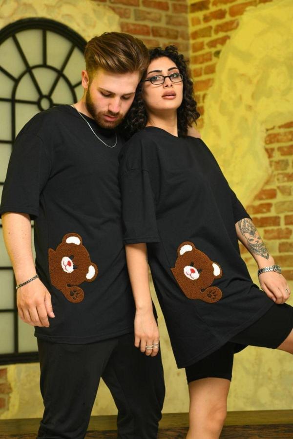 Bav Butik Ayvitrin Sevgili Kombini Işlemeli Çift Tişört Siyah - Image 1