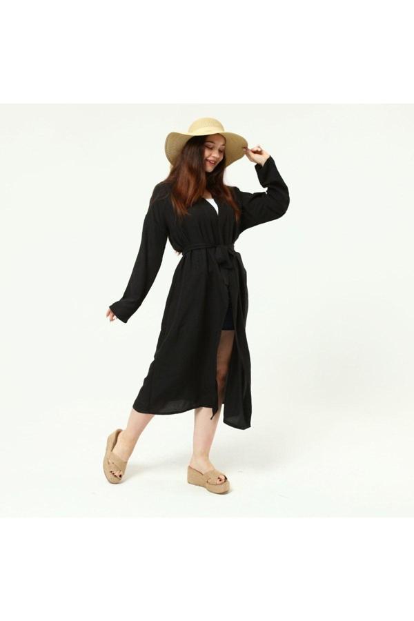 Bav Butik Ayvitrin Kadın Bej Ayrobin Kuşaklı Kimono&Kaftan Siyah - Image 1