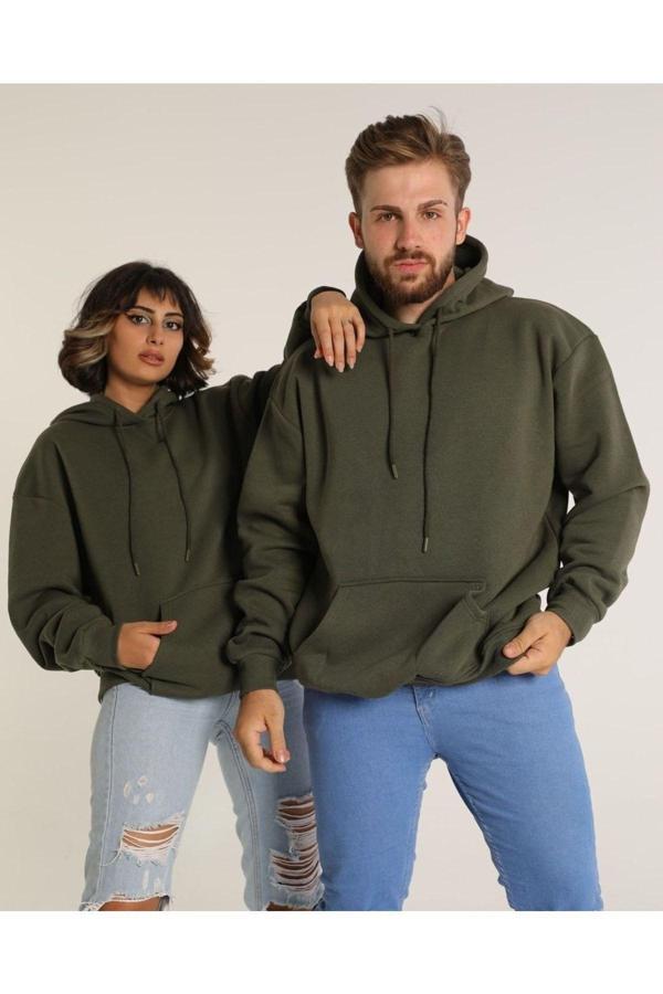 Bav Butik Ayvitrin Sevgili Kombini Çift Ovarsize Kapşonlu Üç Iplik Sweatshirt Haki - Image 1