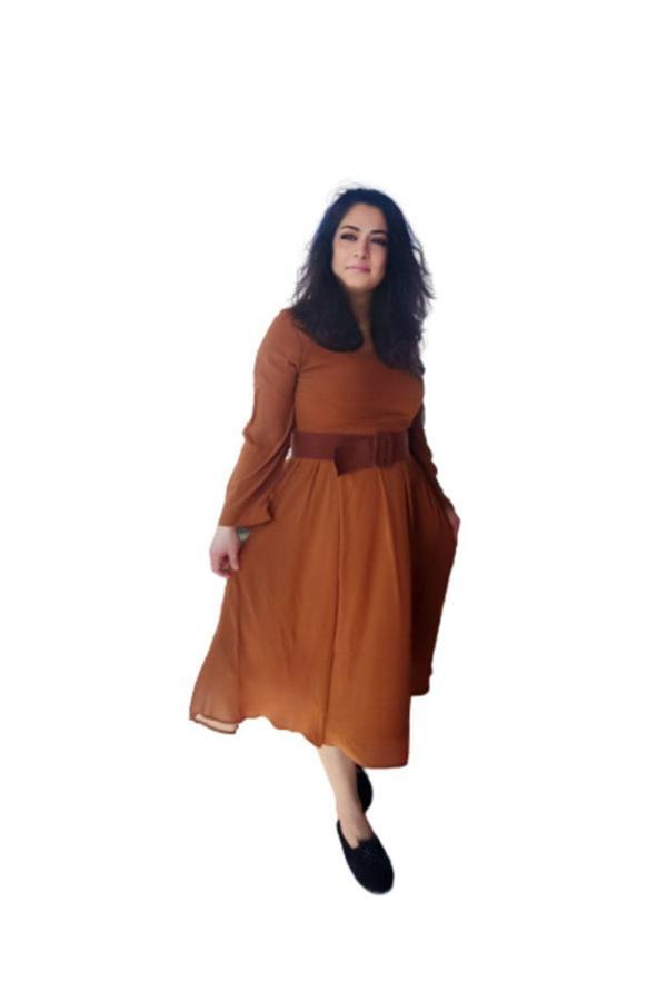 Bav Butik Ayvitrin Kadın Şifon Elbise Astarli Kahve - Image 1