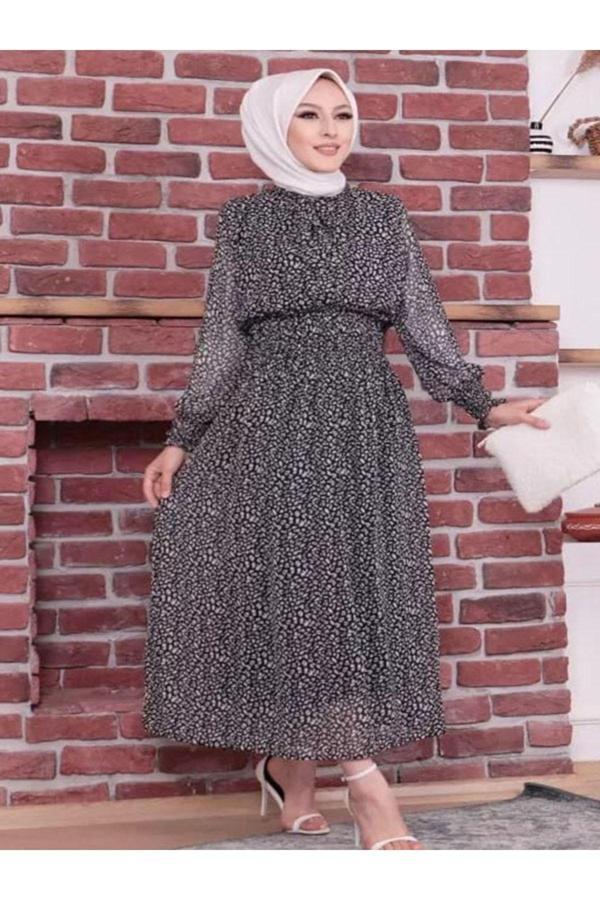 Bav Butik Ayvitrin Kadın Kravat Detaylı Desenli Şifon Elbise Siyah - Image 1