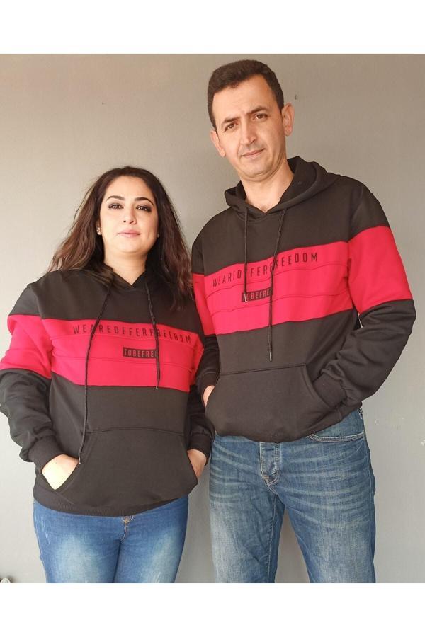 Bav Butik Ayvitrin Sevgili Kombini Kapşonlu Çift Sweatshirt Kırmızı Şerit - Image 1