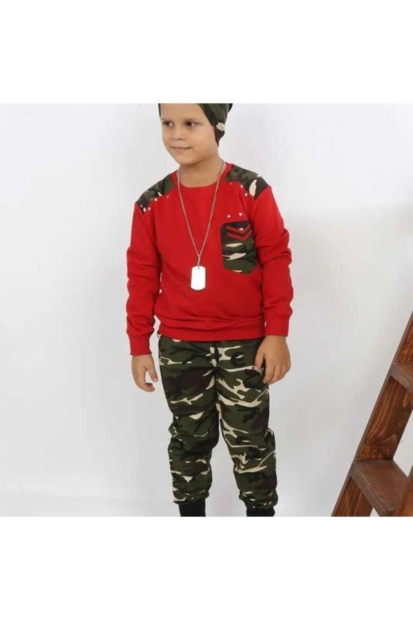 Bav Butik Ayvitrin Çocuk Kamuflajlı Bere Kolye Takım Kırmızı - Image 1