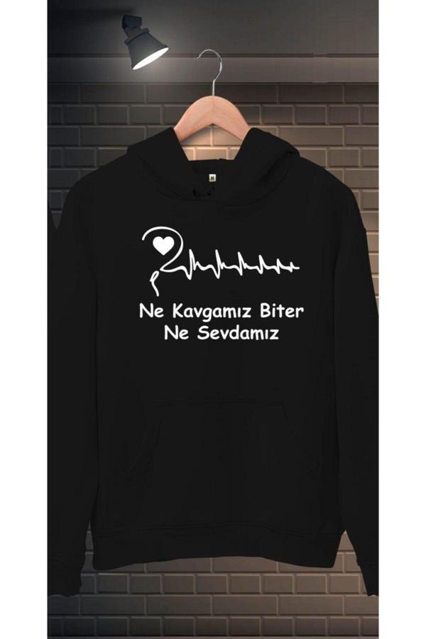 Bav Butik Ayvitrin Unicex Baskılı Kapşonlu Tek Adet Sweatshirt Siyah Sağ Kalp - Image 1