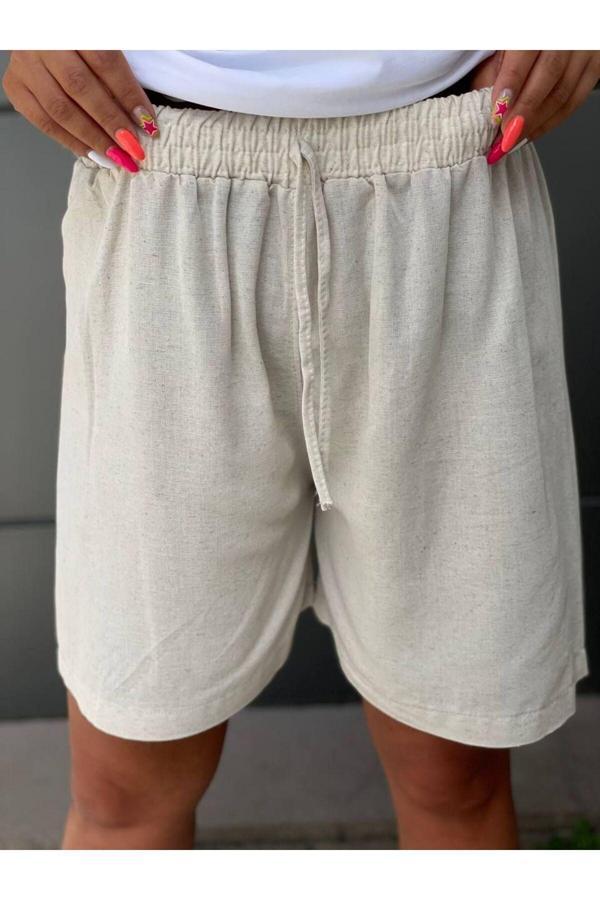 Bav Butik Ayvitrin Kadın Keten Şort Krem - Image 1