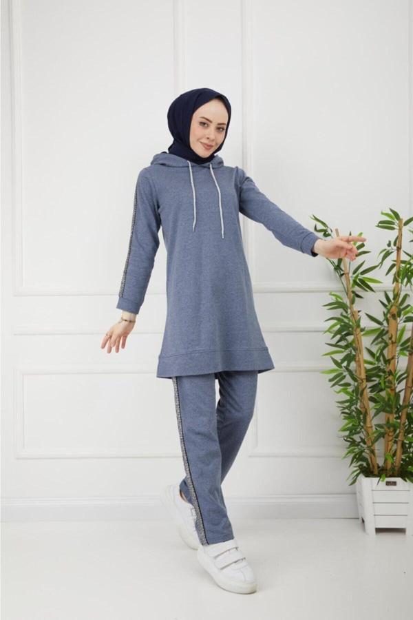 Bav Butik Ayvitrin Kolu Şeritli Indigo Tesettür Eşofman Takımı - Image 1