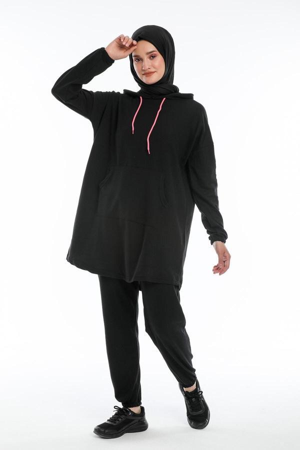 Bav Butik Ayvitrin Tesettür Siyah Pembe Fosforlueşofman Takımı - Image 1