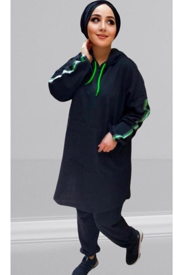 Bav Butik Ayvitrin Unisex Tesettür Siyah Yeşil Fosforlu Eşofman Takımı - Image 1