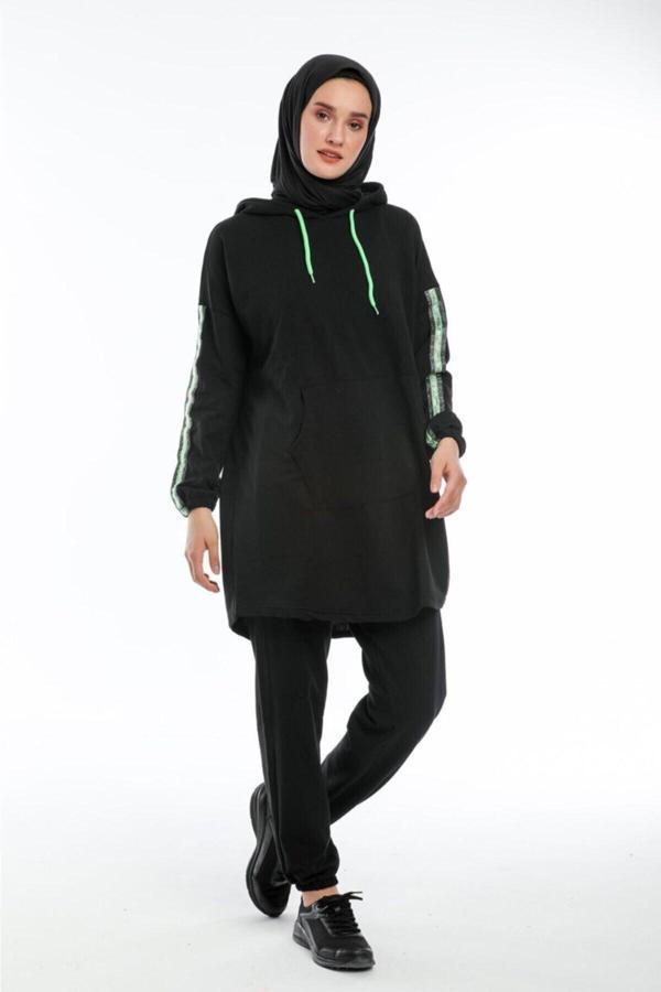 Bav Butik Ayvitrin Oversize Model Siyah Yeşil Fosforlu Tesettür Eşofman Takımı - Image 1