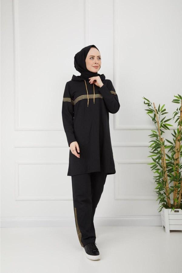 Bav Butik Ayvitrin Siyah Simli Şerit Tesettür Eşofman Takımı - Image 1