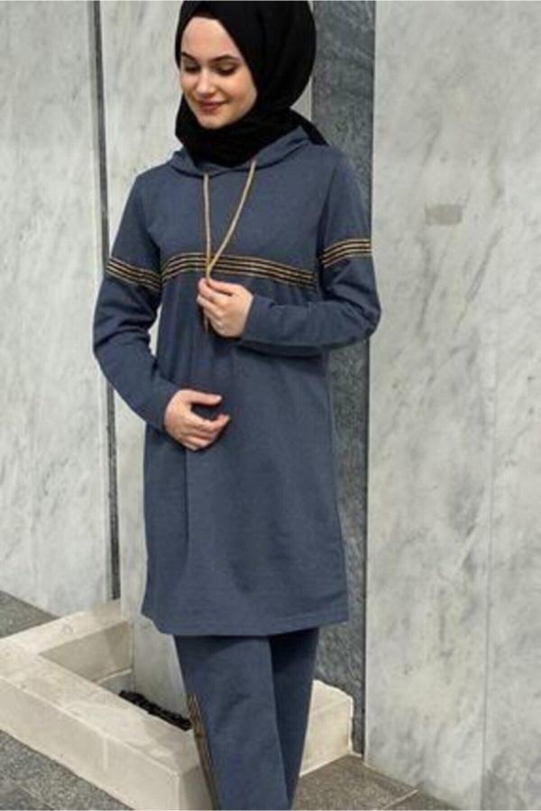 Bav Butik Ayvitrin Kadın Lacivert  Kapüşonlu Sim Şeritli Eşofman - Image 1
