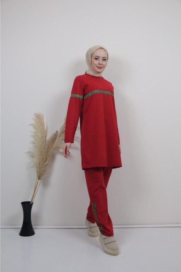 Bav Butik Ayvitrin Kadın Kırmızı Kapüşonsuz  Tesettür Eşofman Takımı - Image 1