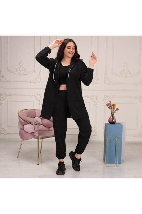 Bav Butik Ayvitrin Büyük Beden Tomy Fermuarlı Kapüşonlu Eşofman Takımı Siyah - Image 1