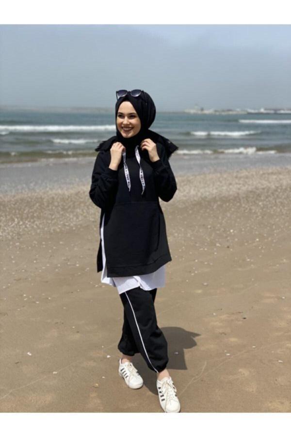 Bav Butik Ayvitrin Beyaz Tişörtlu Siyah Tesettür Eşofman Takımı - Image 1