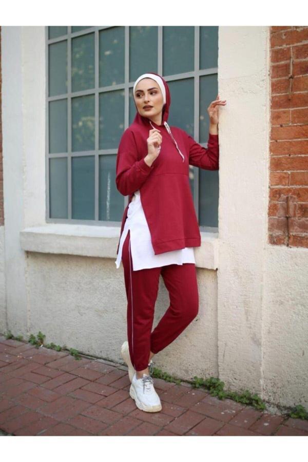 Bav Butik Ayvitrin Kadın Bordo Beyaz Tişörtlü Eşofman Takımı - Image 1
