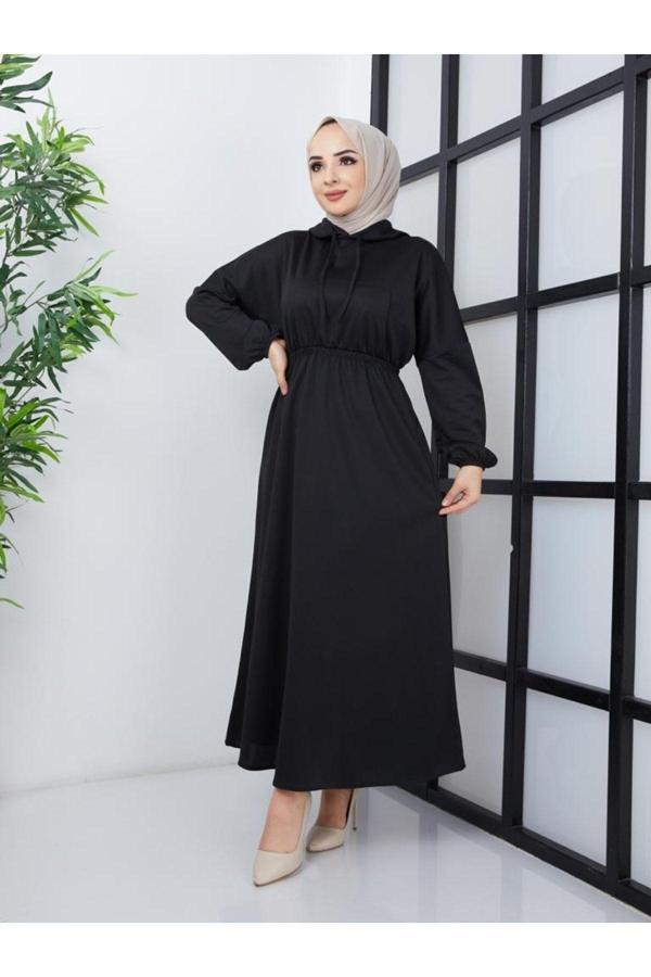 Bav Butik Ayvitrin Kadın Scuba Krep Elbise Kapüşonlu Siyah - Image 1