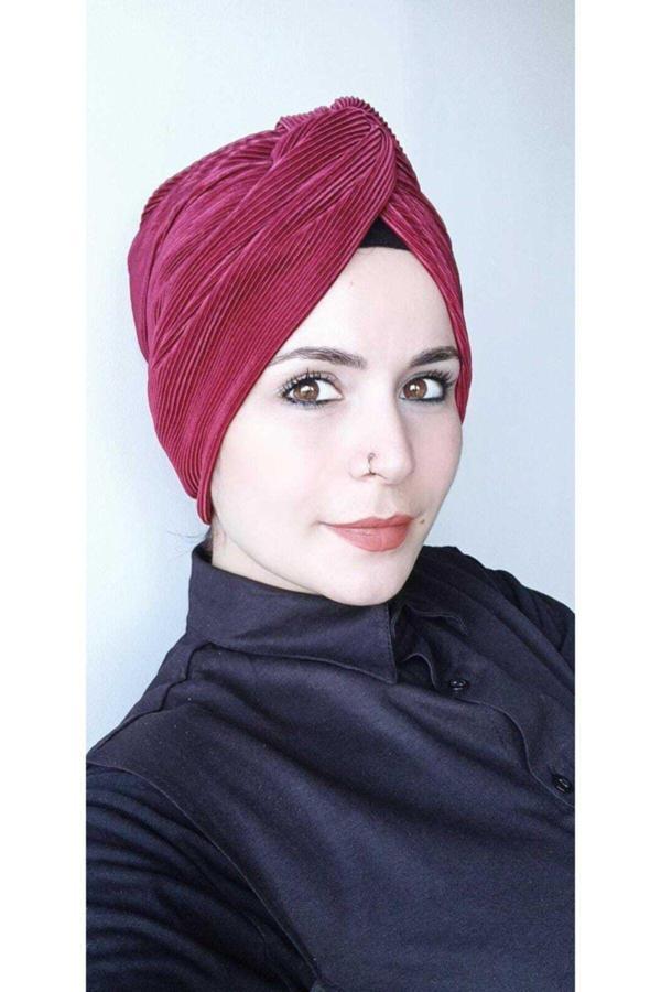 Bav Butik Ayvitrin Tesettür Pliseli Düğüm Bone Bordo - Image 1