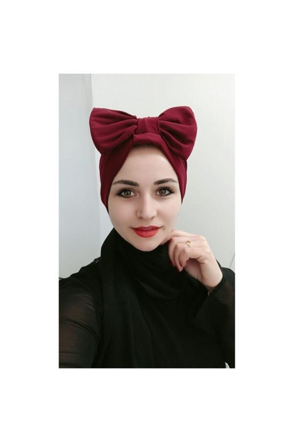 Bav Butik Ayvitrin Kadın Tesettür Fiyonklu Çift Taraflı Bone Bordo - Image 1