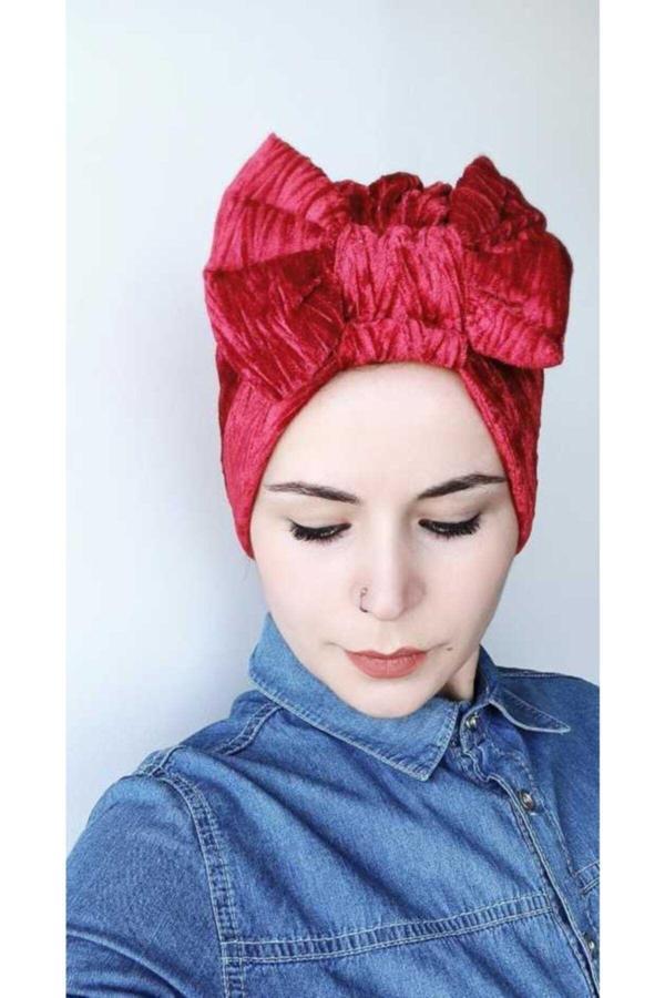 Bav Butik Ayvitrin Kadın Bordo Kadife Fiyonklu Bone - Image 1
