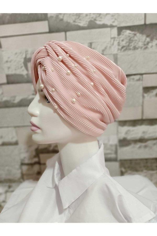 Bav Butik Ayvitrin Pliseli Incili Düğüm Bone Pudra - Image 1