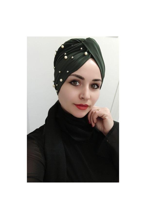 Bav Butik Ayvitrin Kadın Tesettür Incili El Ile Dolama Bone Haki - Image 1